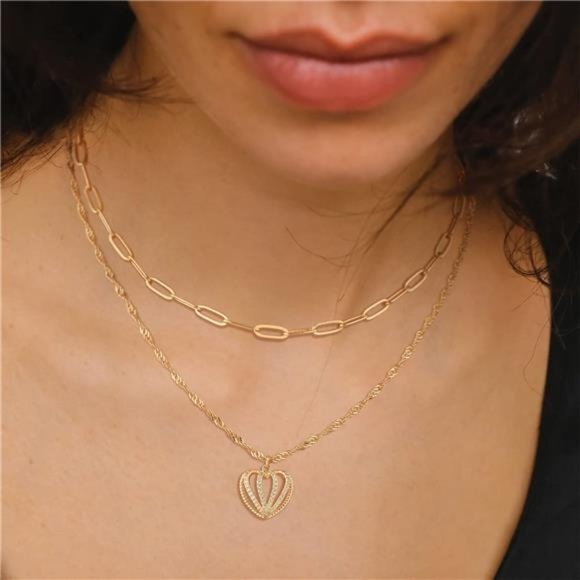 Layered Heart Necklace Pendant Handmade 18k Gold Plated Dainty Gold Choker - Picture 3 of 6